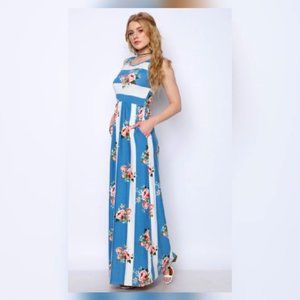 BLUE AND WHITE STRIPED FLORAL MOTIF MAXI DRESS